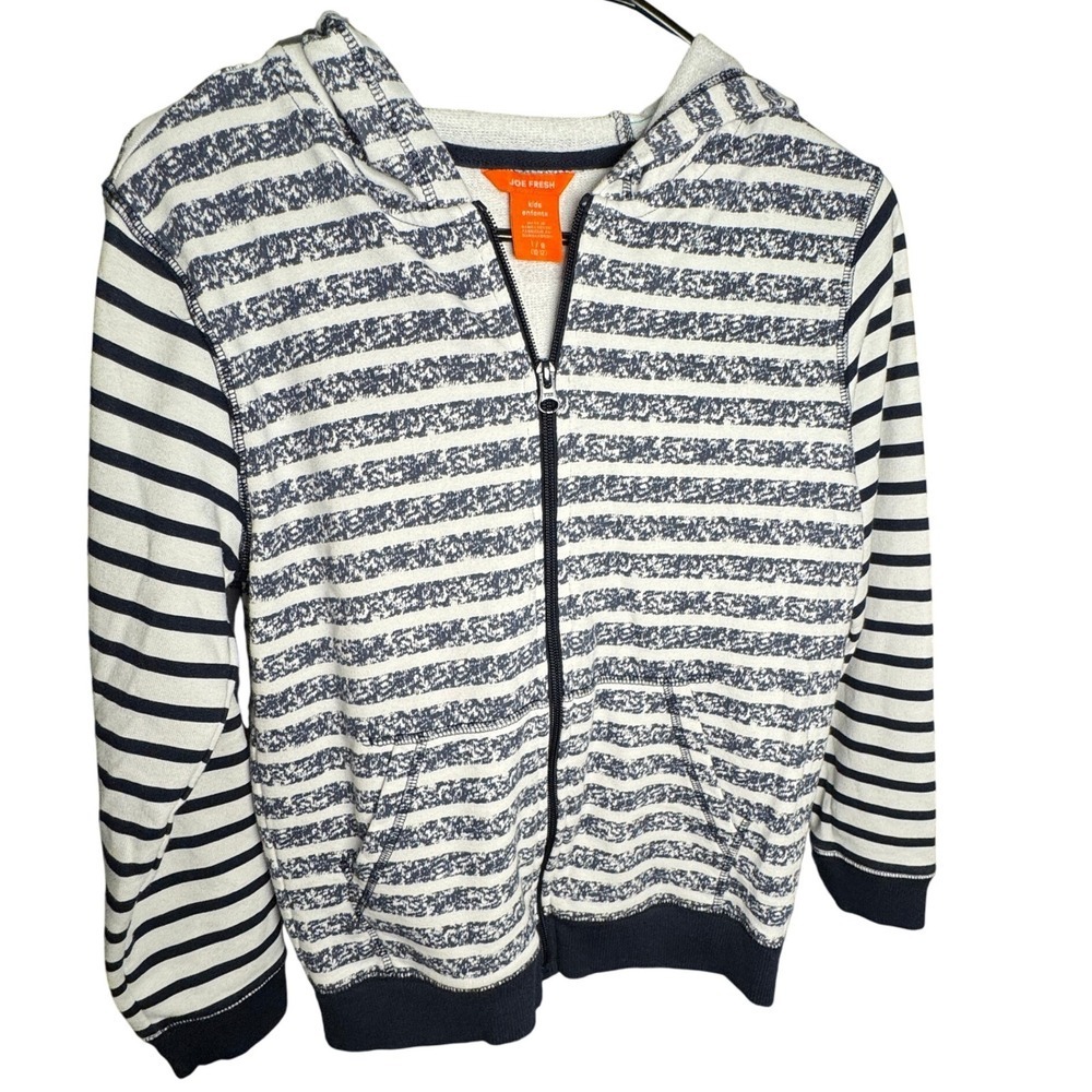 Joe Fresh Kids Full Zip Hoodie Size L Blue White Striped Sweatshirt Cotton Blend